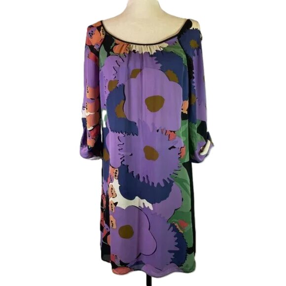 Tibi Silk Floral Tunic Mini Dress Lined 3/4 Sleeves Purple Multi Color Size 8 - Picture 2 of 13